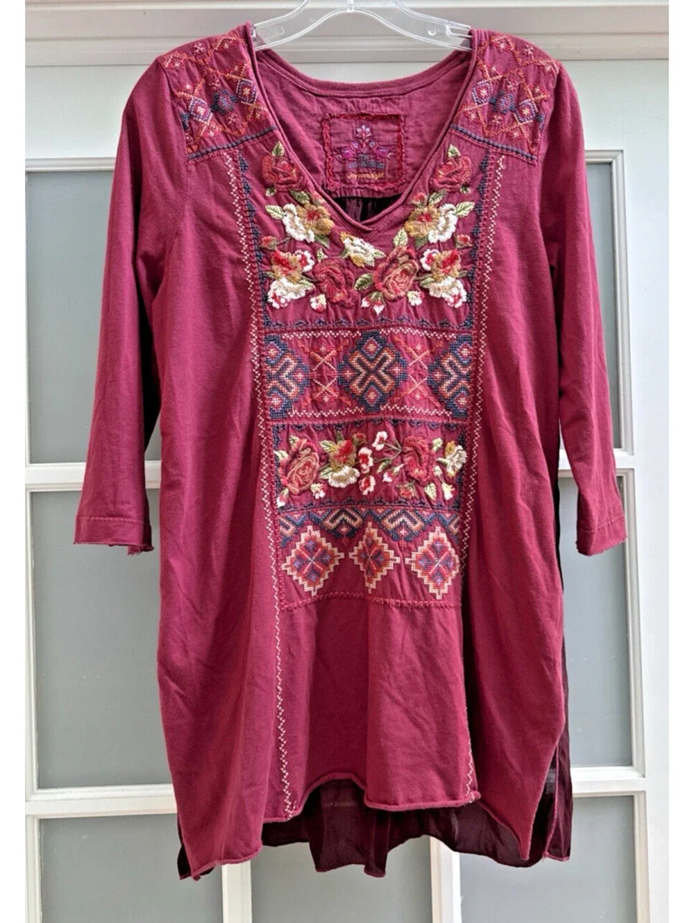 Johnny Was JWLA Boho Floral Embroidered Cotton Polyester 3/4 Sleeve Tunic Top L